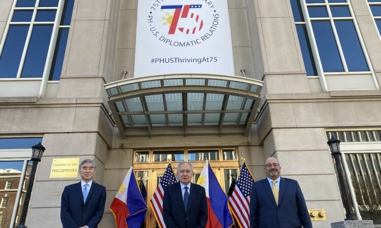 (Left to right) U.S. Acting Assistant Secretary of State for East Asian and Pacific Affairs Ambassador Sung Kim; Philippine Ambassador to the United States Jose Manuel G. Romualdez; and U.S. Principal Deputy Assistant Secretary for East Asian and Pacific Affairs Ambassador Atul Keshap at the launch of the yearlong celebration of the 75th Anniversary of the Establishment of Diplomatic Relations between the Philippines and the United States on 26 March 2021 at the Philippine Embassy in the United States, Washington, D.C.