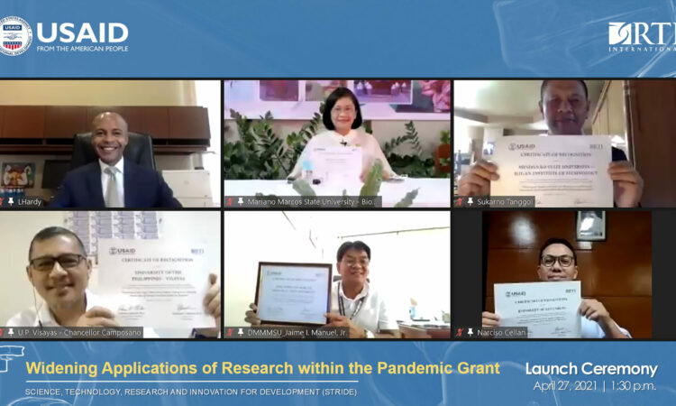 USAID Mission Director Lawrence Hardy II delivers a message at the launch ceremony of USAID STRIDE’s Widening Applications of Research within the Pandemic (WARP) grant. Joining him were university presidents and chancellors from the HEI grantees including University of the Philippines Visayas, Don Mariano Marcos Memorial State University, University of San Carlos, Mindanao State University-Iligan Institute of Technology, and Mariano Marcos State University.