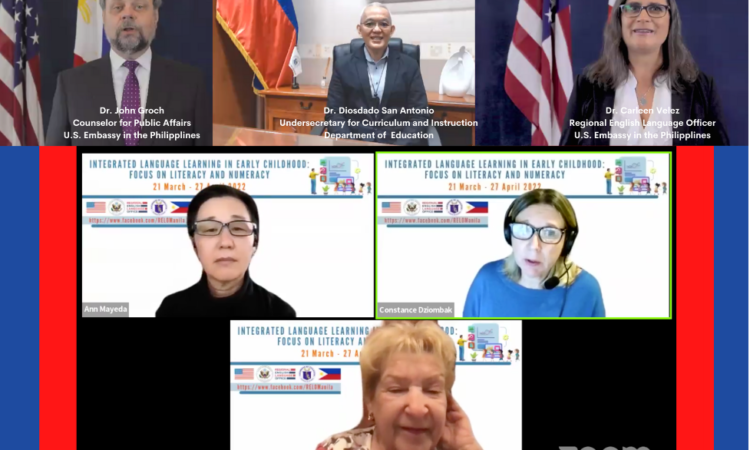 Screenshot of U.S. Embassy in the Philippines officials Public Affairs Counselor John Groch, Department of Education Undersecretary Diosdado San Antonio, and Regional English Language Officer Carleen Velez at the launch of the March 21 to April 27 webinar series facilitated by three American English language specialists.