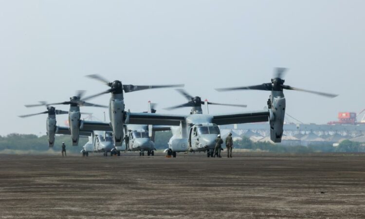 U.S. Marine Corps MV-22B Ospreys assigned to Marine Medium Tiltrotor Squadron 363 (VMM-363), 1st Marine Aircraft Wing, arrive at Subic Bay International Airport ahead of Balikatan 22 in the Philippines.