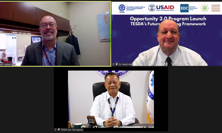 (From left) USAID Philippines Acting Deputy Mission Director Jeff Goebel, USAID Opportunity 2.0 Chief of Party Dr. Dave Hall, and TESDA Director General Isidro S. Lapeña attend the March 22 launch of the TESDA Futures Thinking Framework