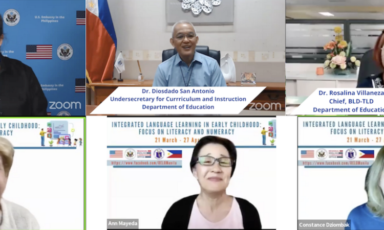 U.S. Embassy in the Philippines Chargé d’Affaires ad interim Heather Variava joins Philippine Department of Education Undersecretary for Curriculum and Instruction Diosdado San Antonio, DepEd Bureau of Learning Delivery-Teaching and Learning Division Chief Rosalina Villaneza, and American English language specialists Dr. Elaine Gallagher, Professor Ann Mayeda, and Dr. Constance Dziombak at the closing ceremony of the six-week “Integrated Language Learning in Early Childhood: Focus on Literacy and Numeracy” webinar series.