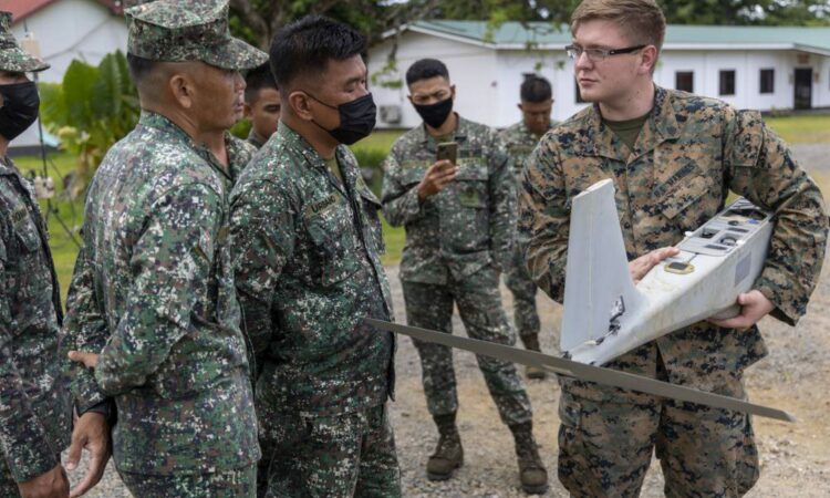 U.S. Marines and Philippine Marines participate in a small unmanned aircraft systems exchange during Marine Aviation Support Activity (MASA) 22 in Palawan.