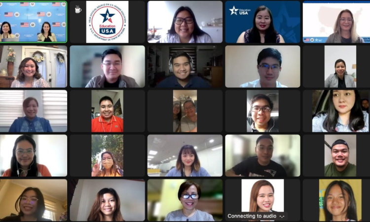 EducationUSA Philippines representatives (top left) interact with outbound Filipino students via Zoom.