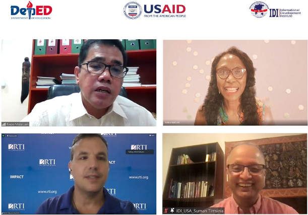Clockwise from left: Former DepEd Undersecretary Nepomuceno Malaluan, USAID Philippines Acting Education Director Yvette Malcioln, IDI Executive Director Suman Timsina, and ACR Ph Project Manager Mitchell Rakusin welcome the participants of the Leaders in Futures of Education course last June 20.