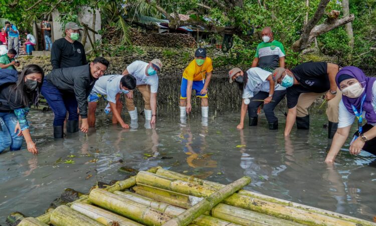 USAID Deputy Mission Director Rebekah Eubanks, Senior Education Advisor Mirshariff Tillah, and Office of Economic Development and Governance Director Jeff Goebel join former Tagbilaran City Mayor John Yap, members of the Youth Development Alliance, and 80 out-of-school youth at a mangrove planting activity in Tagbilaran City.