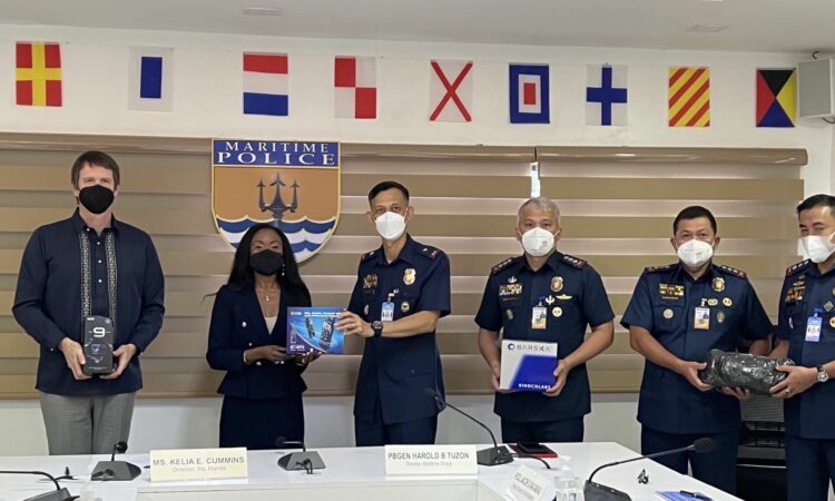 NL Manila Director Cummins (second from left) hands over the U.S. donation of maritime tactical and first aid equipment to PNP-MG Director PBGEN Tuzon (third from left) at a ceremony in the headquarters of the Philippine National Police on August 16, also attended by (from left) INL Maritime Law Enforcement Advisor Mark Everson, PNP-MG Deputy Director for Administration PCol. Jacob Macabali, PNP-MG Deputy Director for Operations PCol. Jonathan Tangonan, and PNP-MG Chief of Staff PCol. Bobby Abao.