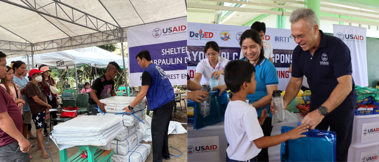Two photos showing USAID assistance to Mayon Volcano-affected families