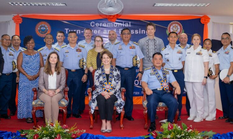 (Seated from left) U.S. Department of State’s Bureau of International Narcotics and Law Enforcement Affairs Manila Director Kate Riche, U.S. Ambassador MaryKay Carlson, and Philippine Coast Guard (PCG) Deputy Commandant for Administration Vice Admiral Ronnie Gil Gavan are joined by U.S. Coast Guard (USCG) Director of International Affairs Holly Haverstick and representatives from the USCG, PCG, and the U.S. Navy.