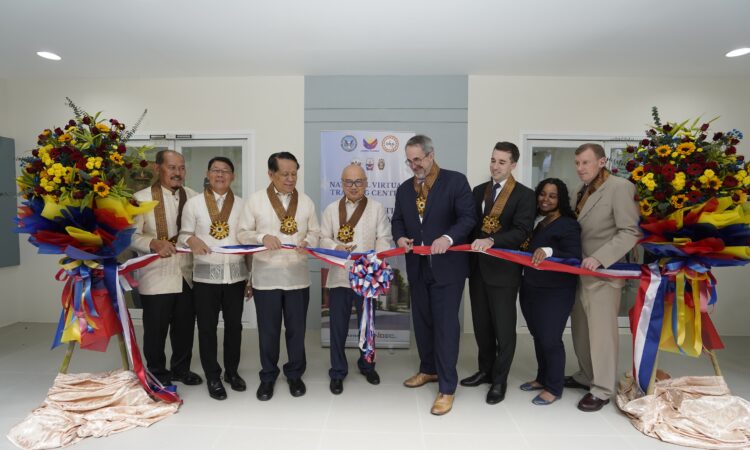 DTRA Cooperative Threat Reduction Deputy Director Patrick Becker (fourth from right) joins DILG Undersecretary Serafin Barretto Jr. (fourth from left), NICA Director General Ricardo De Leon (third from left), and PPSC President Ferdinando Sevilla (second from left) at the ribbon-cutting of the new National Virtual Training Center in Silang, Cavite on February 21.