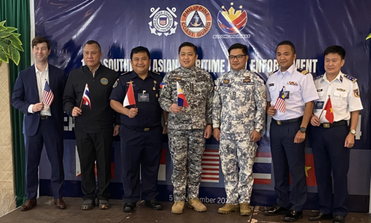 (From left) U.S. Embassy Bureau of International Narcotics and Law Enforcement Affairs (INL) Deputy Director Luke Bruns, Thailand delegation head Captain Ktitkorn Kanjanawanich, Indonesia delegation head Commander Semuel Sandi Rundupadang, Philippine Coast Guard Captains Noriel Ramos and Jimmy Naisod, Malaysia delegation head Commander Mohd Hairil Bin Othman, and Vietnam delegation head Colonel Cao Vu Long.
