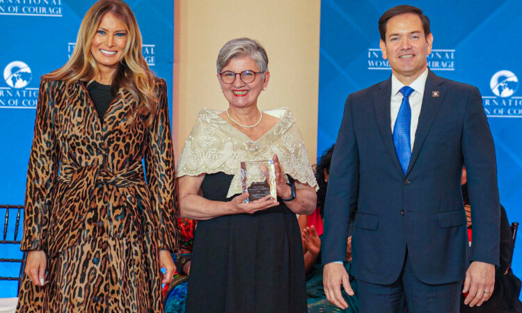 U.S. Secretary of State Marco Rubio (right) and First Lady of the United States Melania Trump (left) present the 2025 International Women of Courage award to “Mama Ranger” Angelique Songco during a ceremony at the U.S. Department of State in Washington, D.C., on April 1.