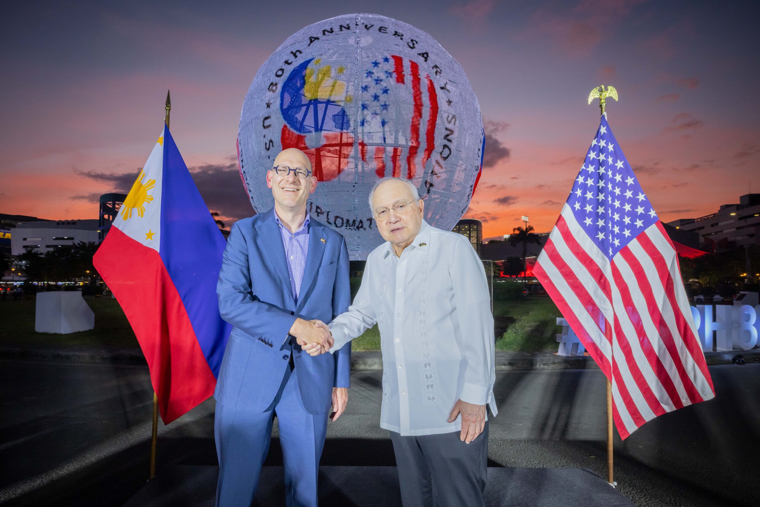 U.S. Embassy in the Philippines Chargé d’Affaires, a.i., Y. Robert Ewing and Philippine Ambassador to the United States Jose Manuel Romualdez launch the logo marking the 80th anniversary of U.S.-Philippine diplomatic relations at the SM Mall of Asia Globe in Pasay City on February 5.